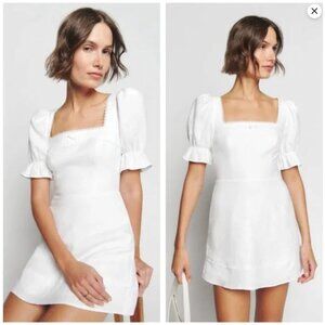 Reformation White Linen Mini Dress with Puff Sleeve
